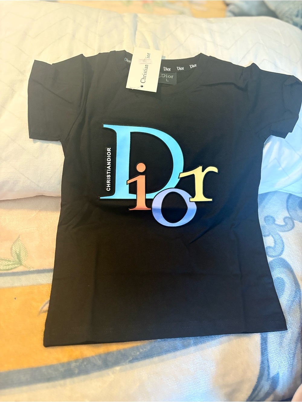 Dior Black Kids Tee with Rainbow Logo 4/5T